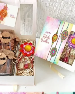 Best-selling Handmade Rakhi Hamper – Elegant Rakhi, Roli Chawal, Heartfelt Rakhi Card, Roasted Almonds & Delicious Cookies