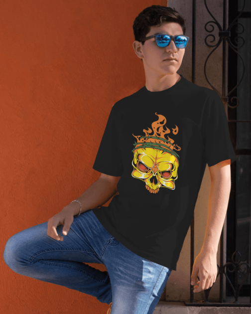 "Blazing Elegance: Fire Skull Design T-Shirts - Fiery and Striking Apparel"